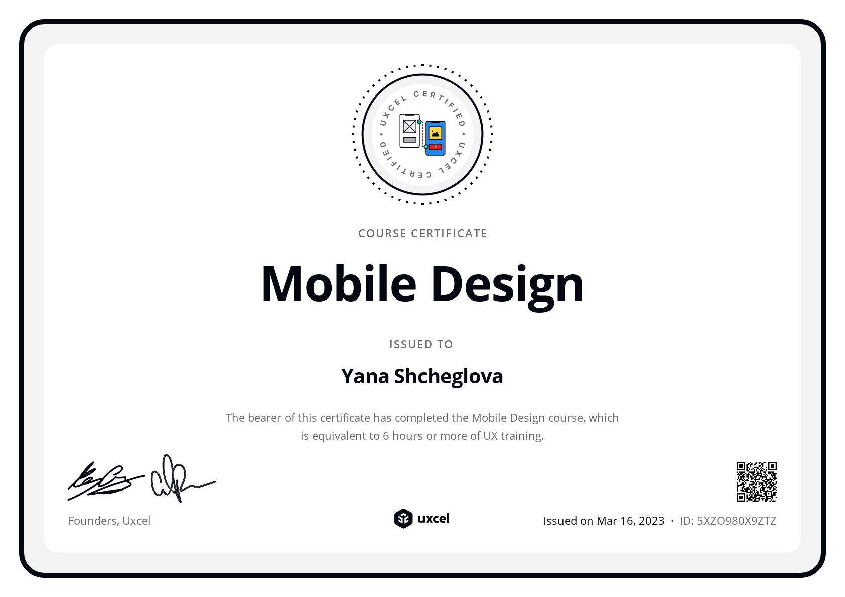 Yana Shcheglova's certificate